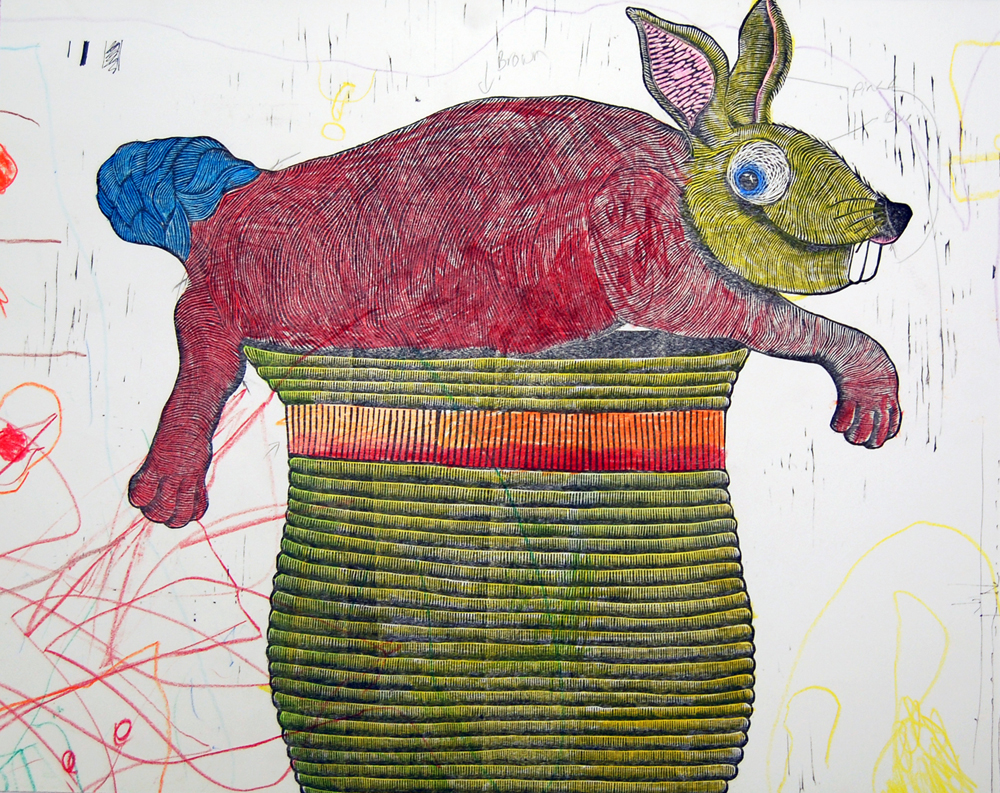 El Conejo y el Queso, 19 X 24”, Woodcut and Hand Drawing, 2014